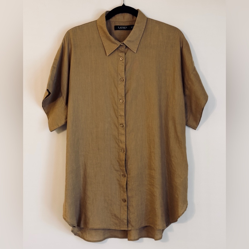 Ralph Lauren Black Label Tan Button Down Short Sleeve Collared Dress Shirt